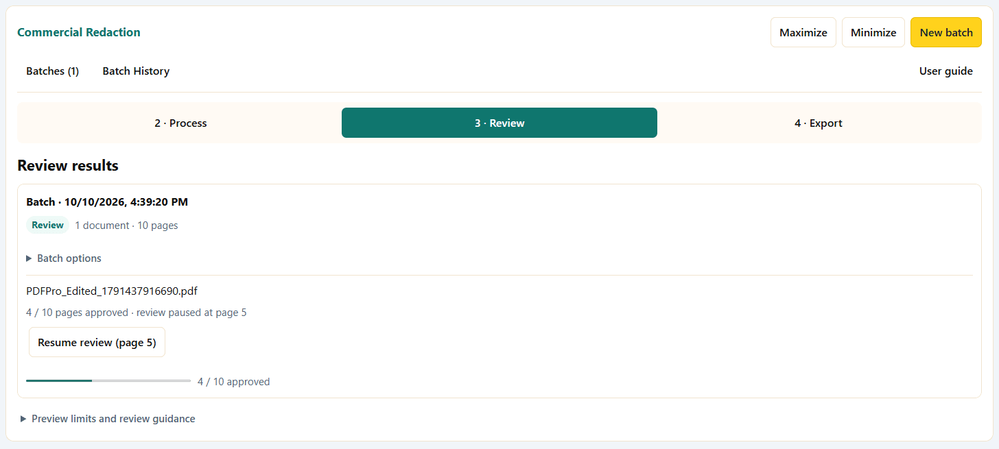 Commercial Redaction batch workspace showing a 10-page document with 4 pages approved and the review paused at page 5