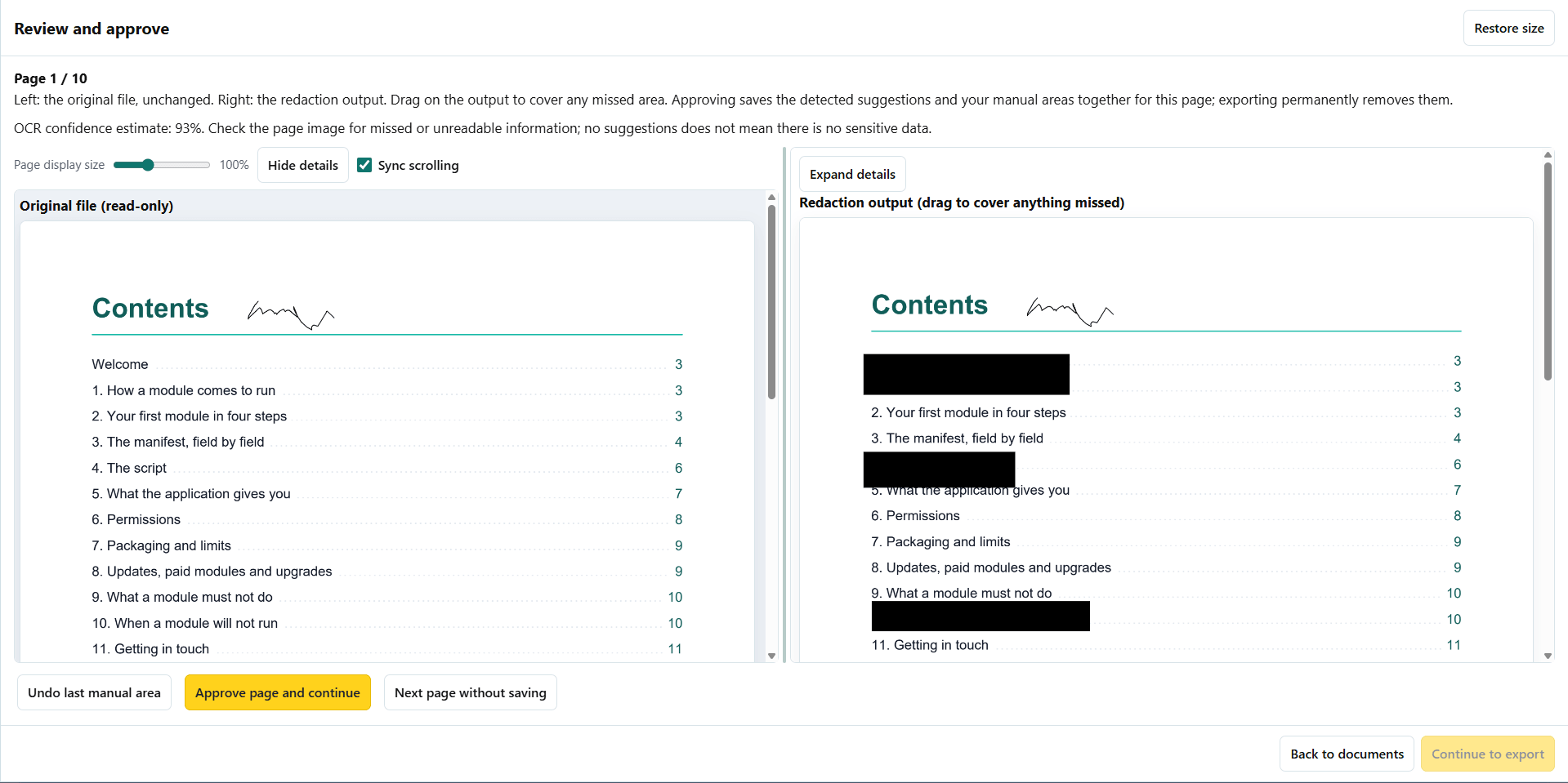 Maximized Commercial Redaction review with large side-by-side pages and the OCR confidence estimate