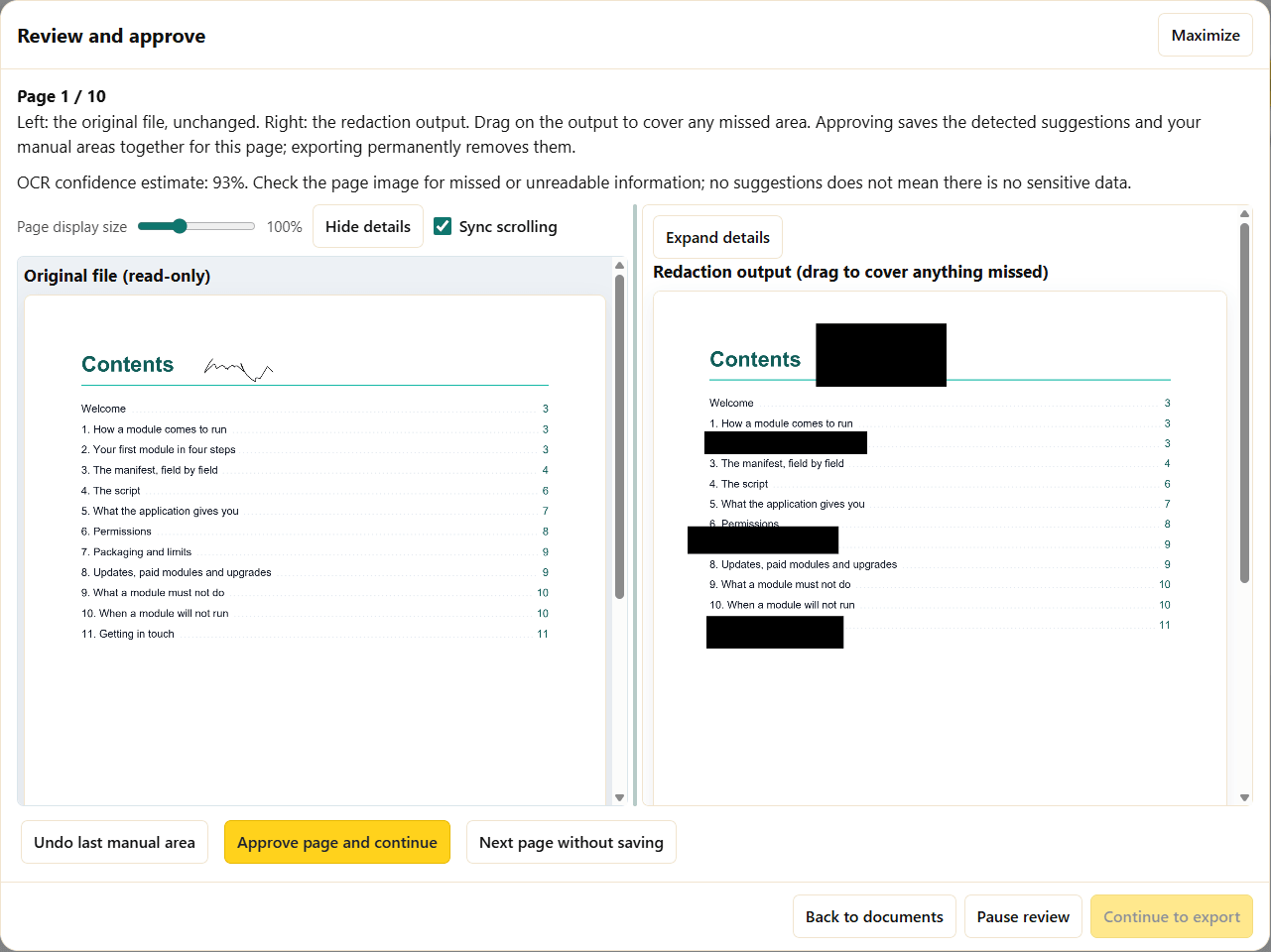 Commercial Redaction review screen: the original page on the left and the redaction output with black areas on the right, with Approve page and continue and Pause review buttons
