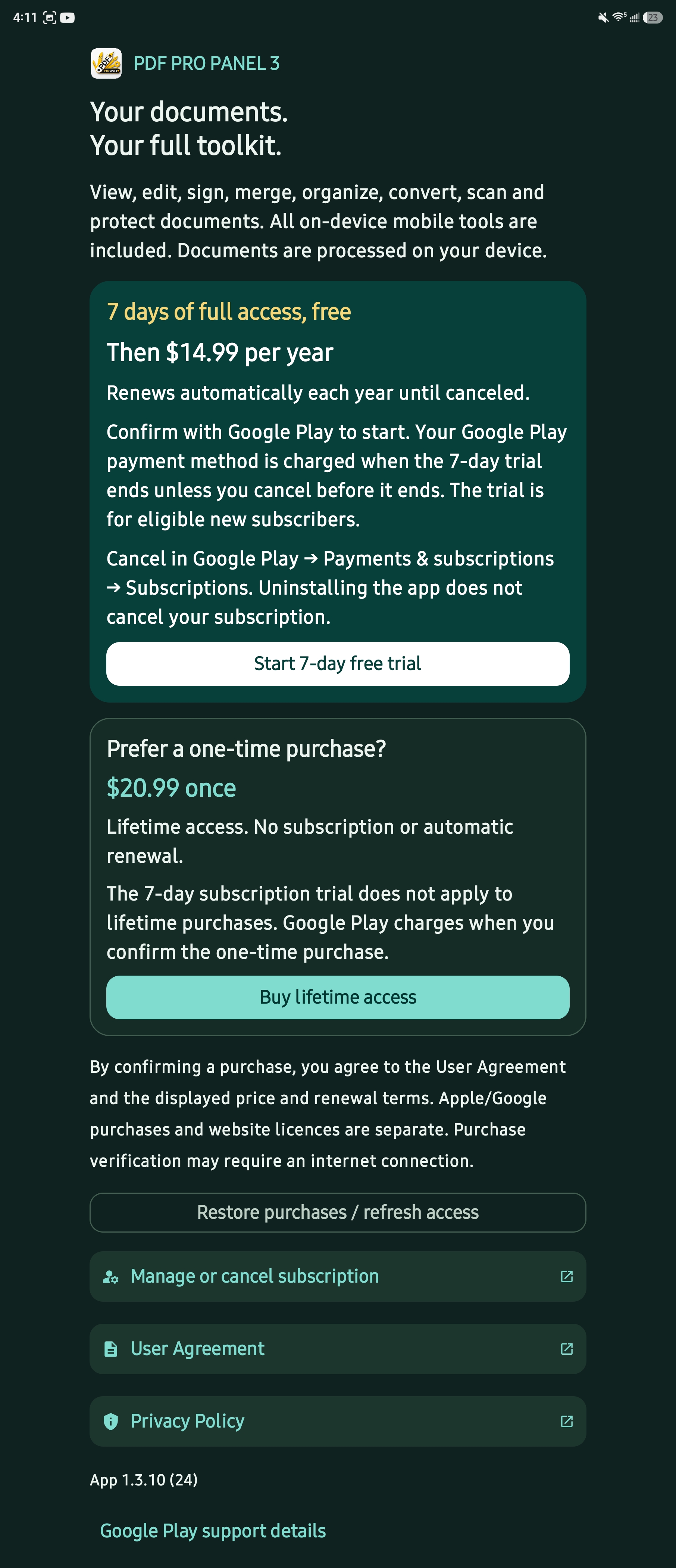 Android 1.3.10 access screen with annual trial and one-time lifetime purchase