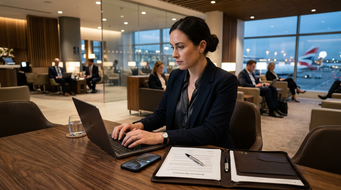 Executive working securely on confidential documents in an airport lounge